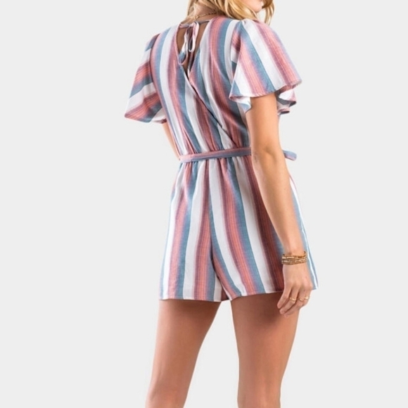 Francesca's Fredah Stripe Front Back Tie Short Sleeve Elastic Waist Boho Romper - Picture 3 of 12
